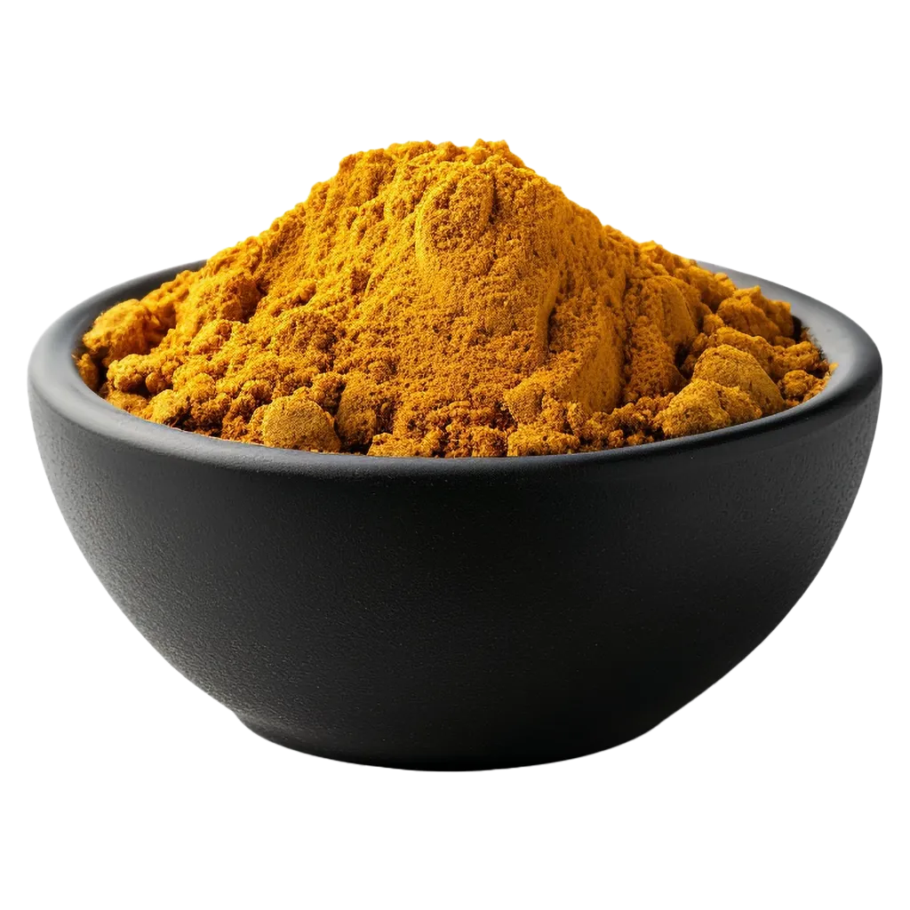 Gelbes Kurkumapulver in schwarzer Schale.