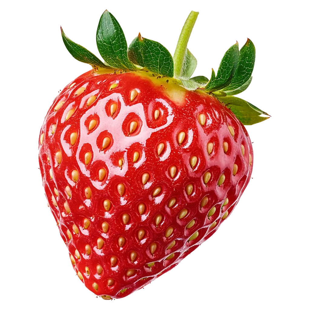 Eine glänzende rote Erdbeere mit grünen Blättern.