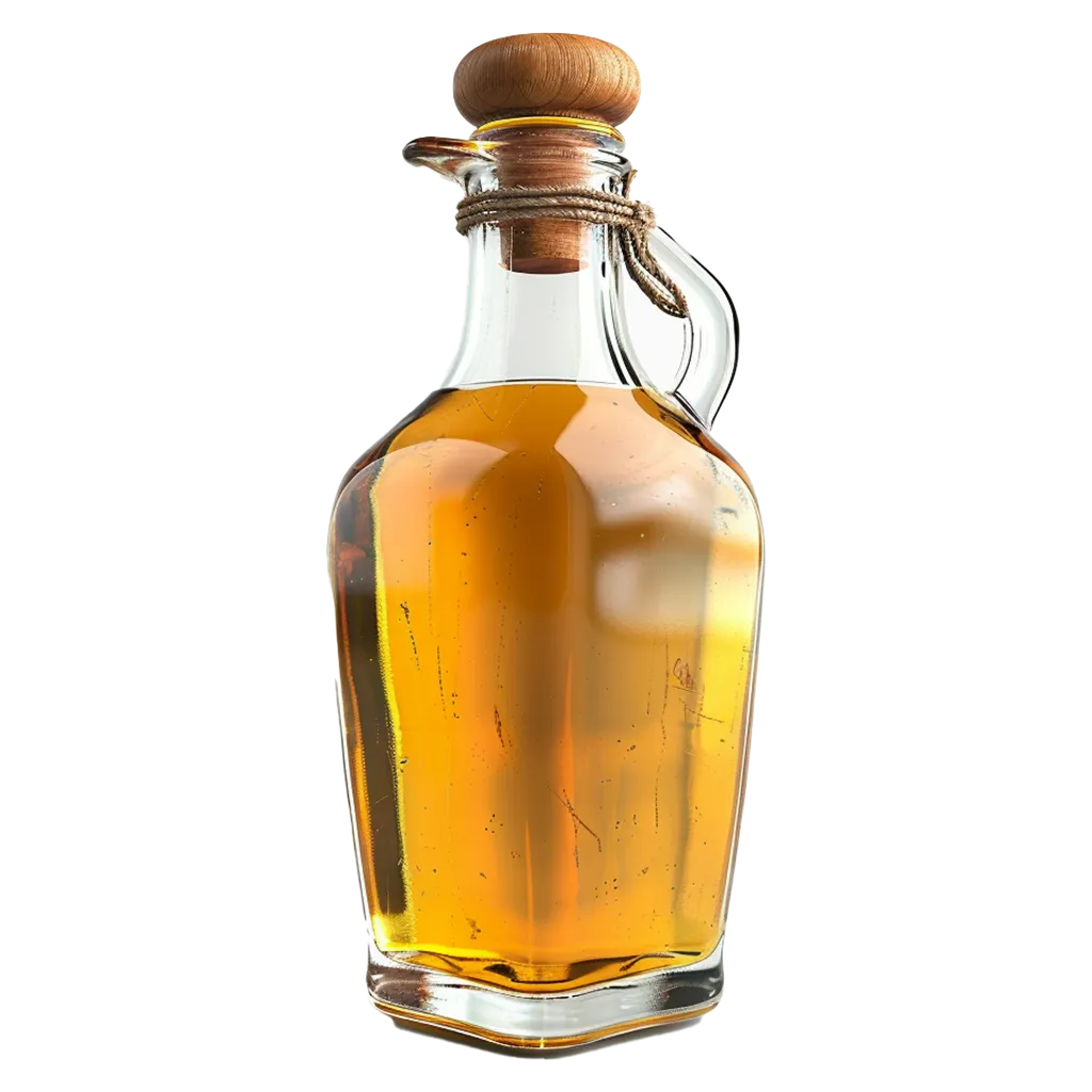 Glasflasche mit bernsteinfarbener Flüssigkeit und Korken.