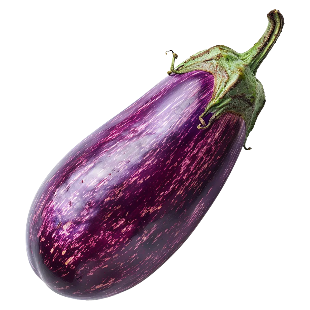 Eine gestreifte Aubergine mit grünem Stiel.