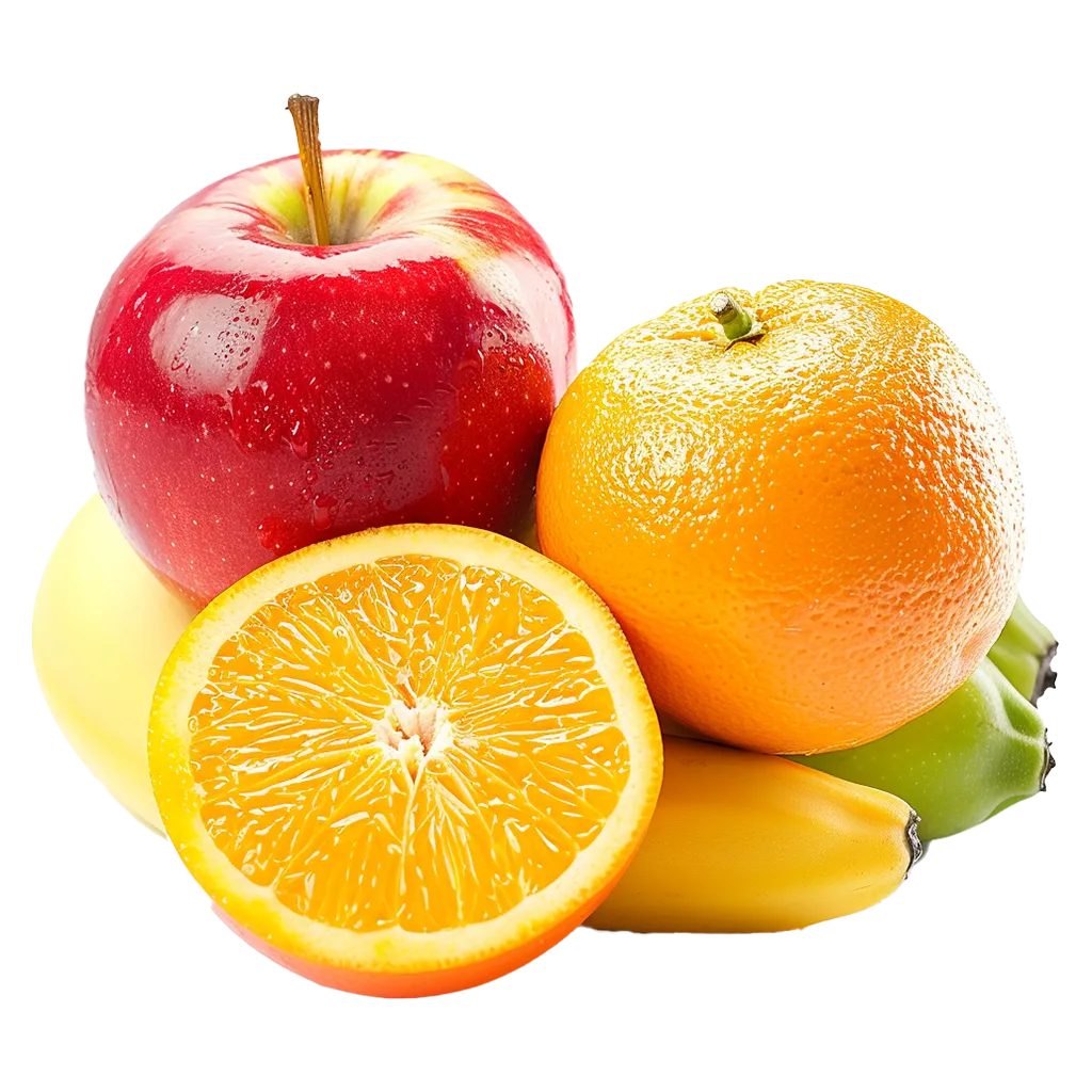 Ein roter Apfel, eine Orange und Bananen.