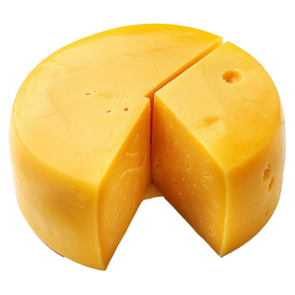 Ein runder, gelber Käse mit einem Stück.