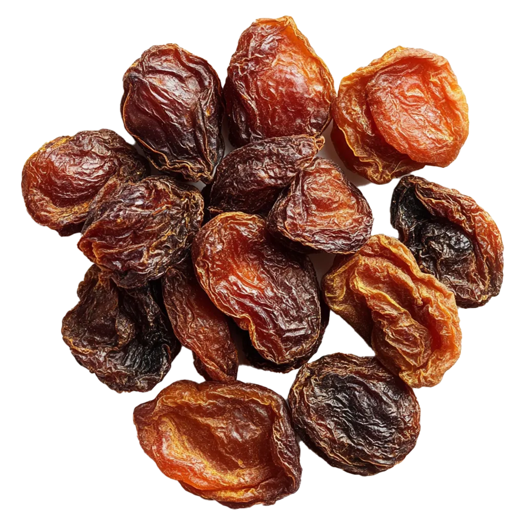 Ein Haufen getrockneter Aprikosen.