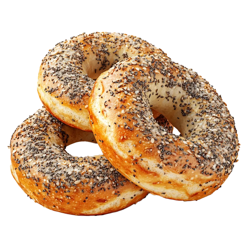 Drei Bagels mit Sesam und Mohn bestreut.