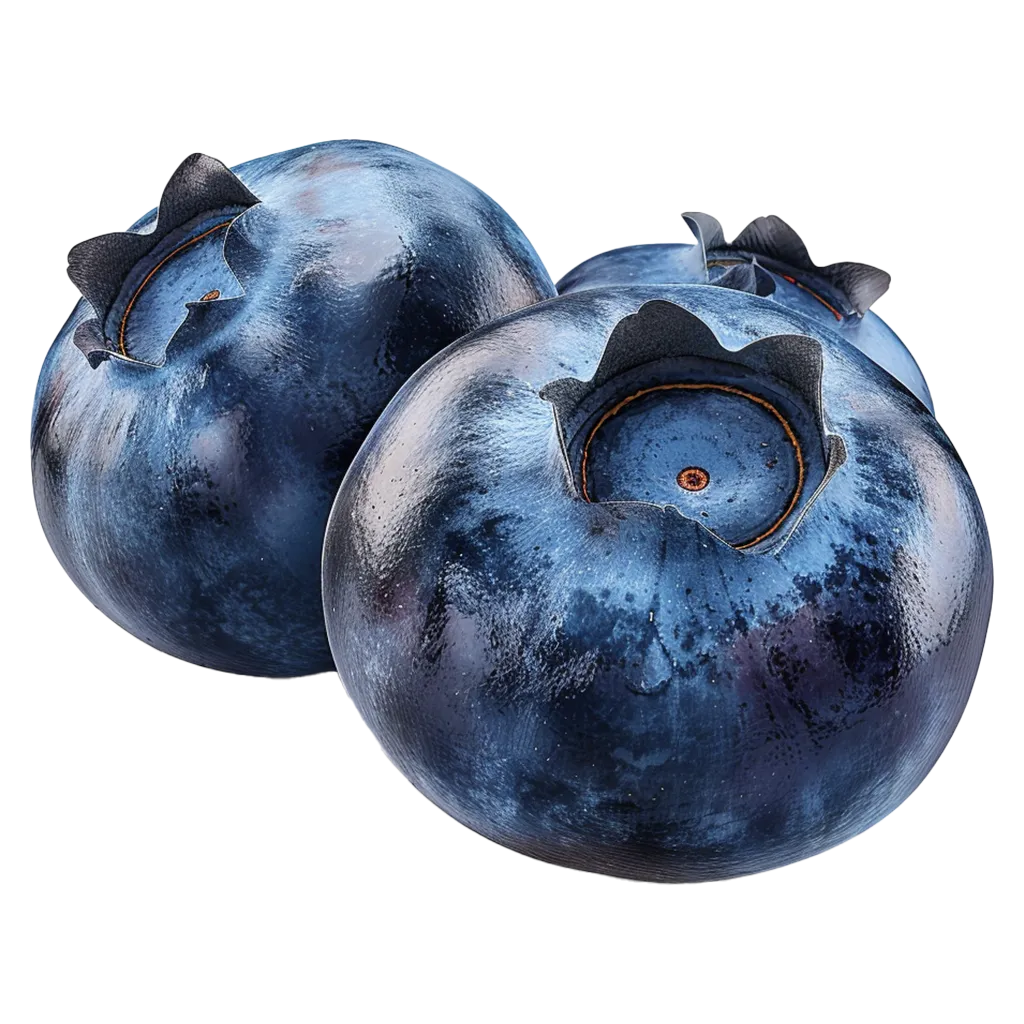 Drei blaue Heidelbeeren mit schwarzem Hintergrund.