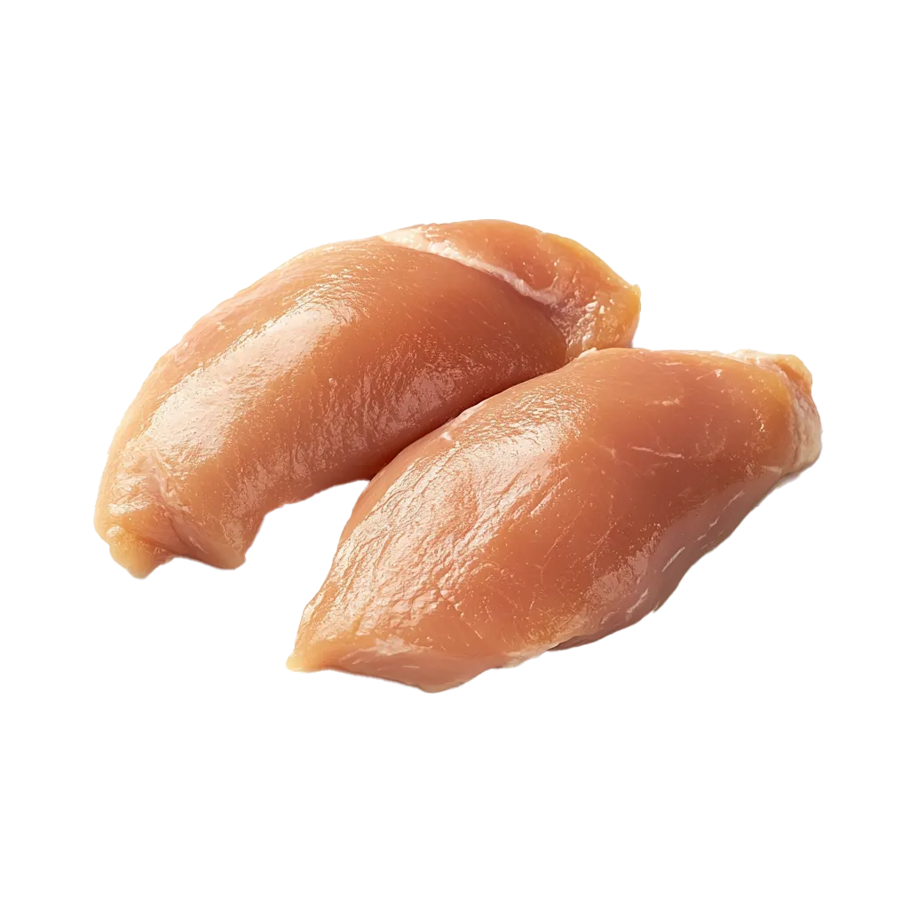 Zwei rohe Hähnchenbrustfilets auf schwarzem Hintergrund.