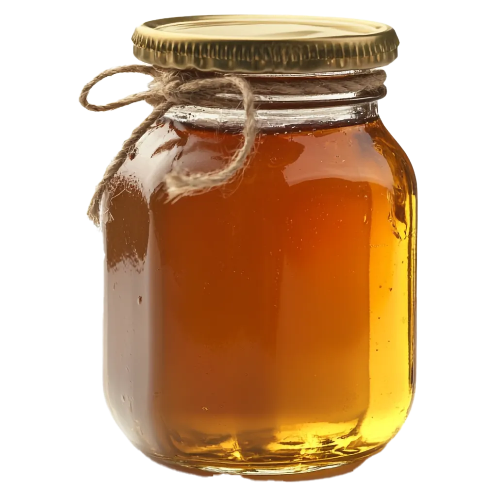 Glas Honig mit Schnur um den Hals.