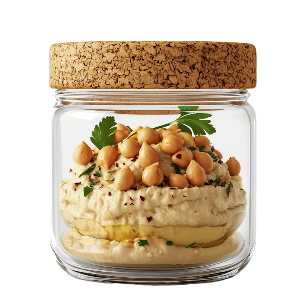 Hummus mit Kichererbsen in einem Glas.