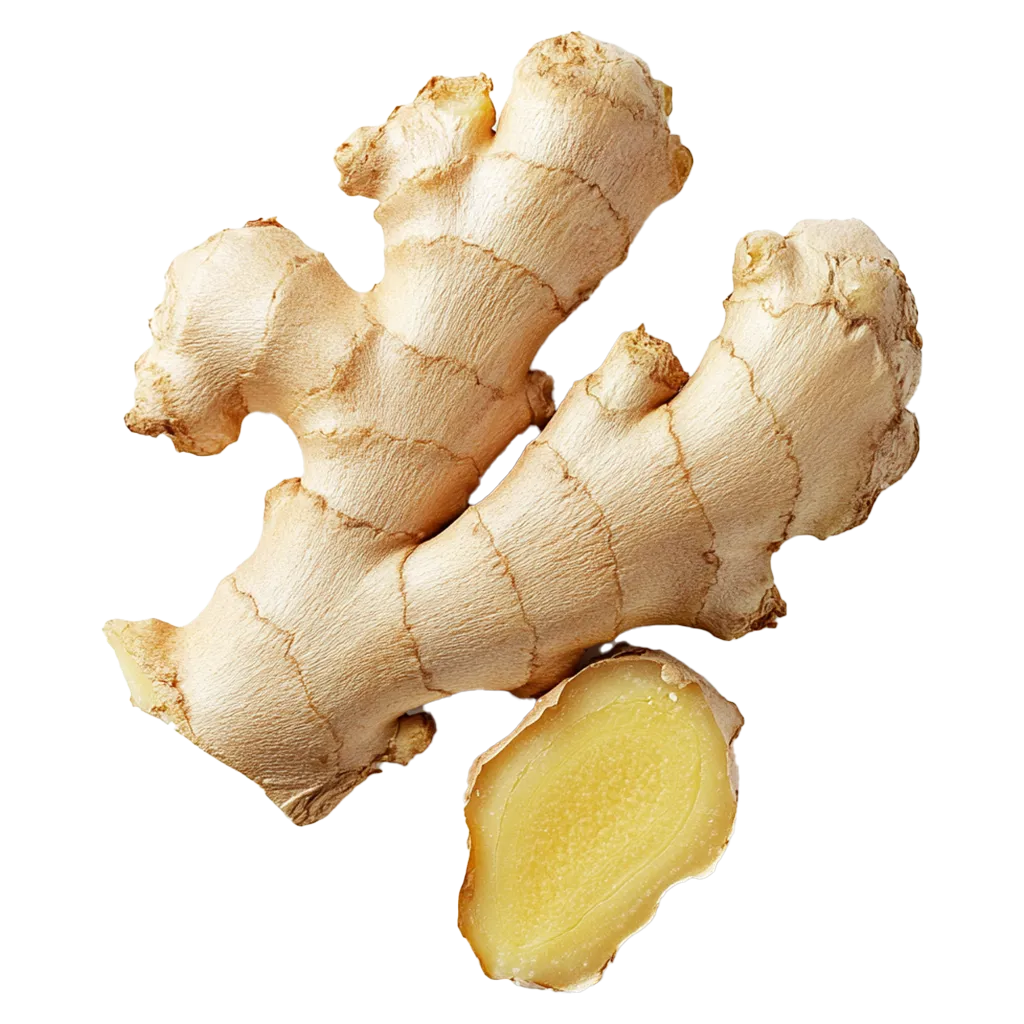 Ein frisches Ingwerstück mit einer Scheibe.