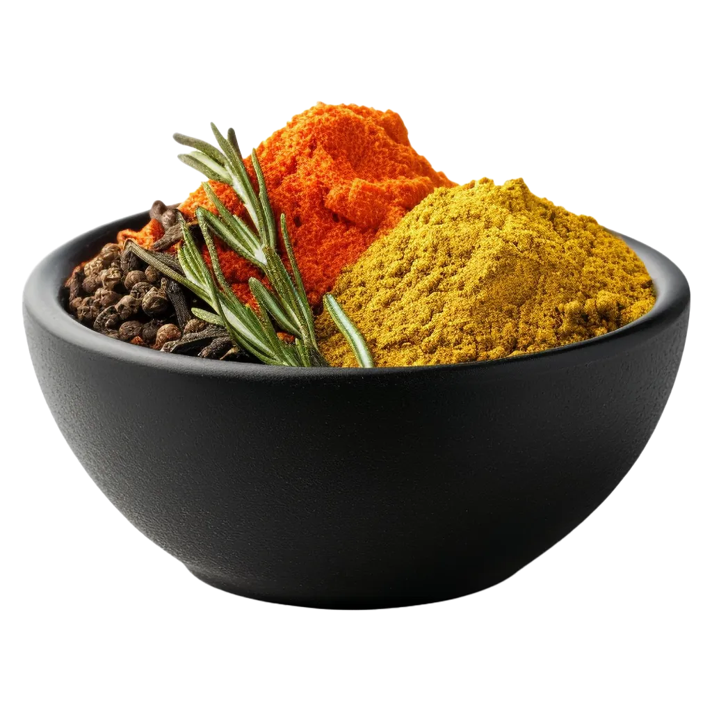 Schwarze Schale mit Gewürzen und Rosmarin.