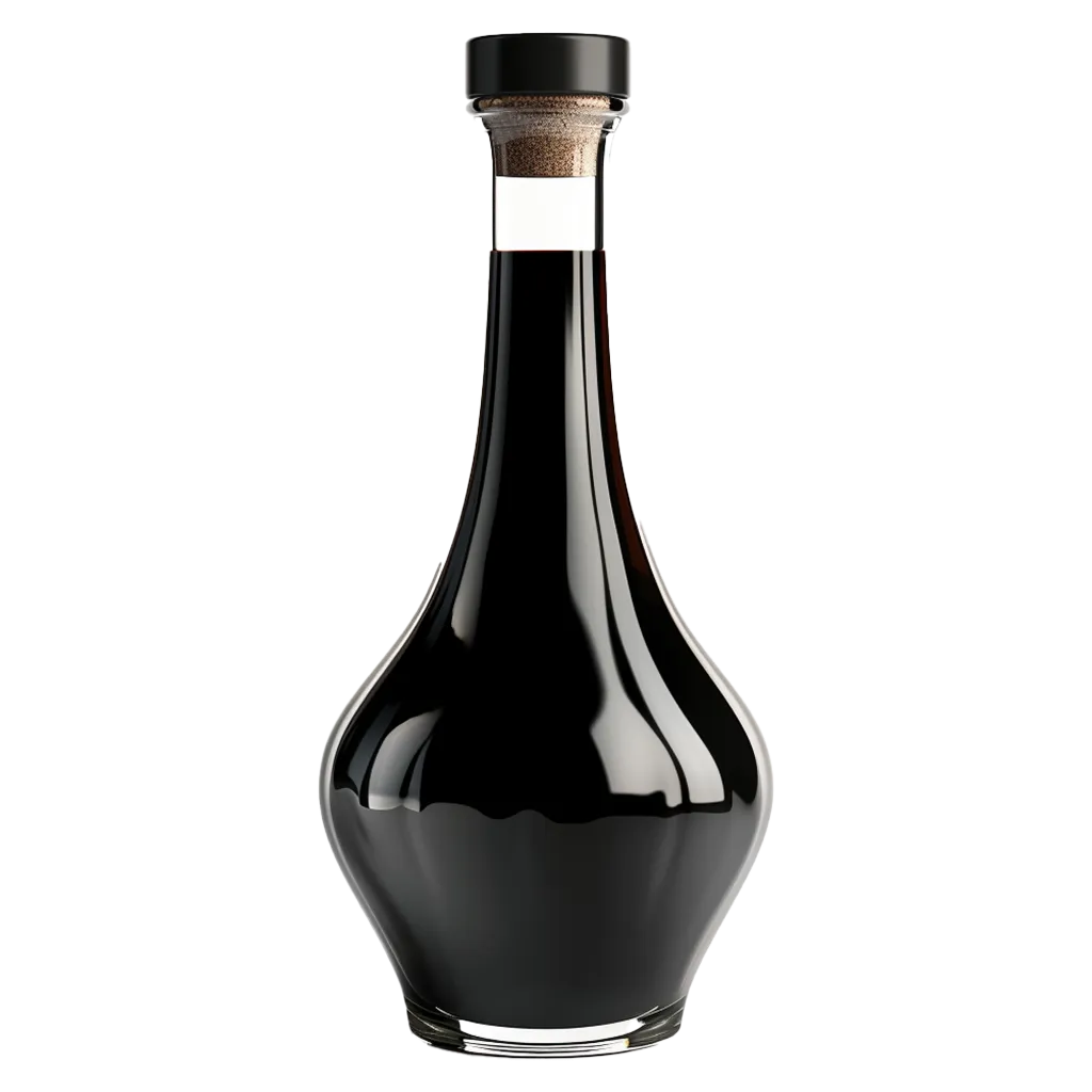 Dunkle Flüssigkeit in einer eleganten Glasflasche.