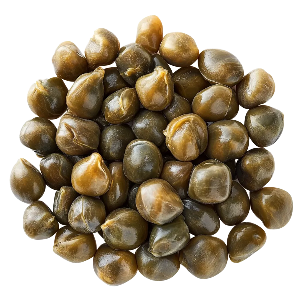 Ein Haufen glänzender, grüner Kapern.