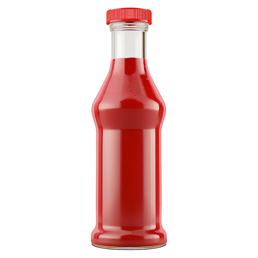 Rote Sauce in einer Glasflasche mit rotem Deckel.