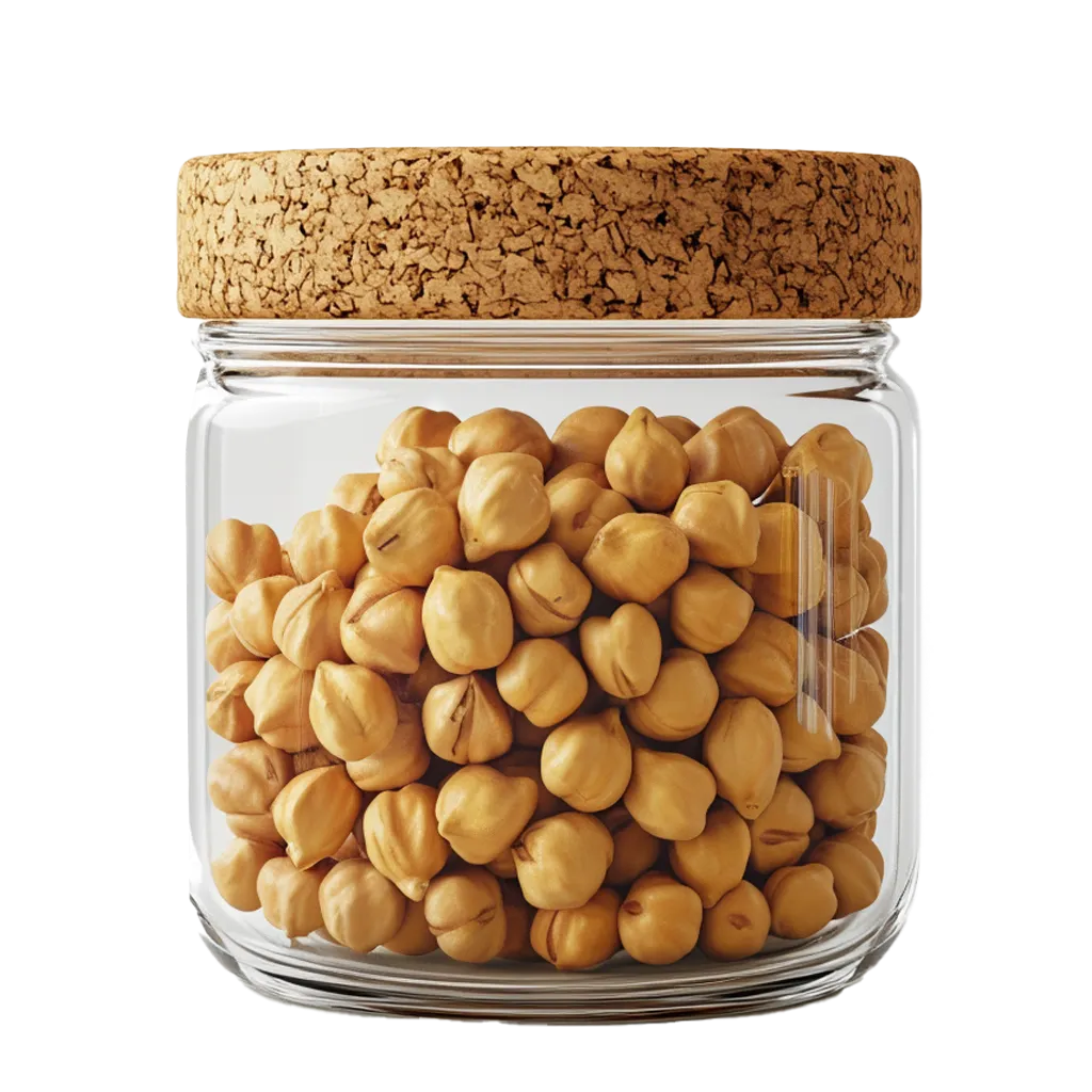 Glasgefäß mit Kichererbsen und Korkverschluss.