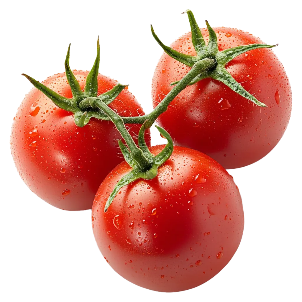 Drei frische Tomaten mit Wassertropfen.