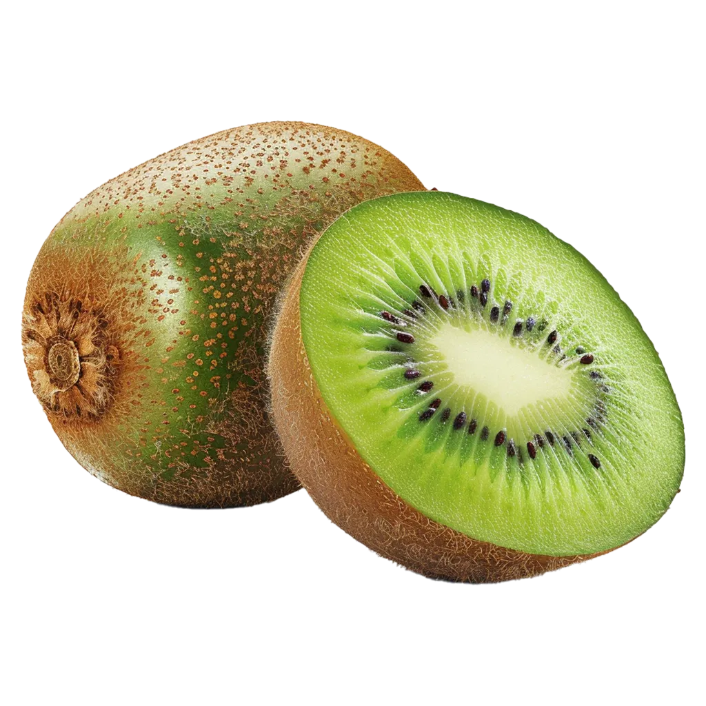 Ein ganzer und ein halber Kiwi auf schwarzem Hintergrund.