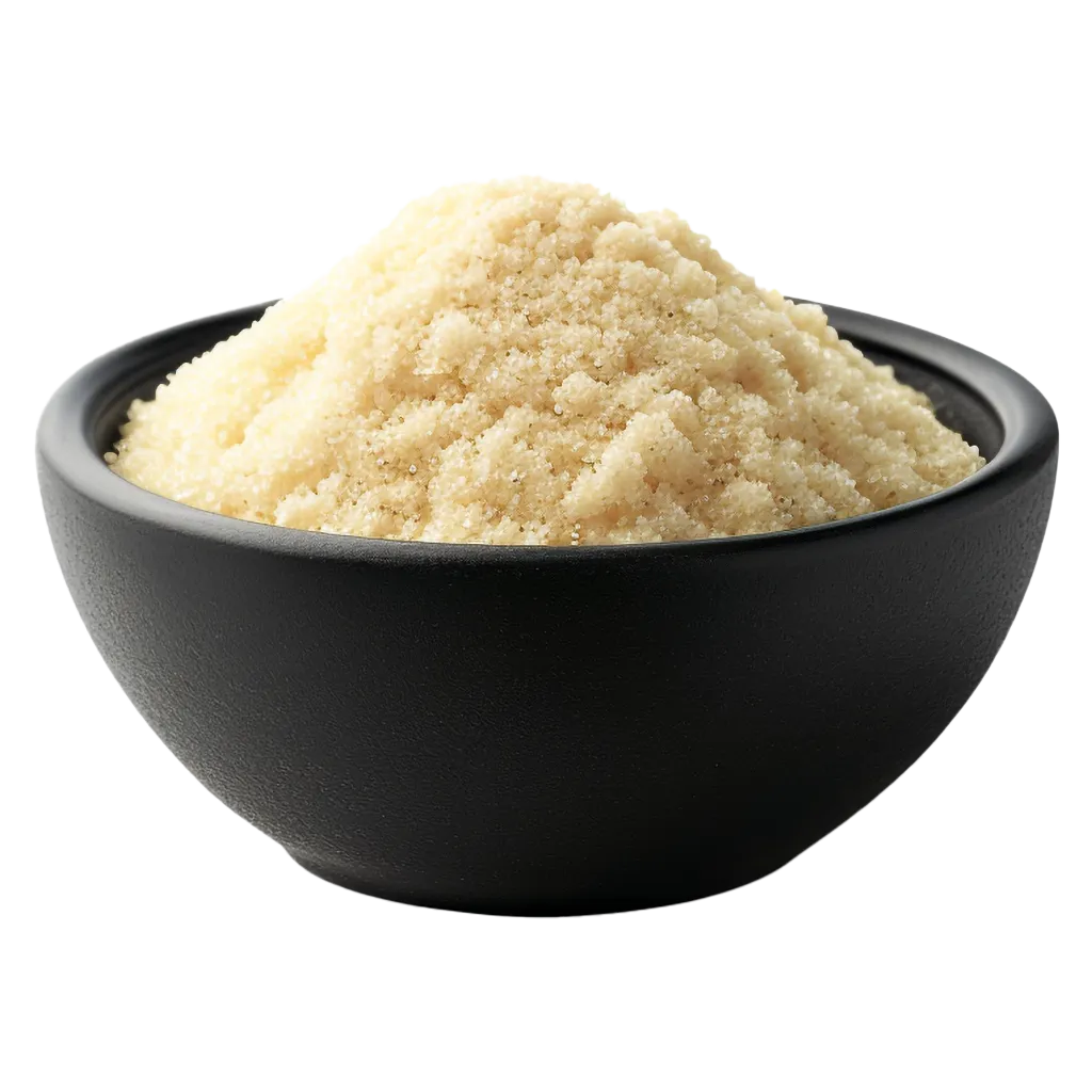 Feiner gemahlener Mandeln in schwarzer Schüssel.