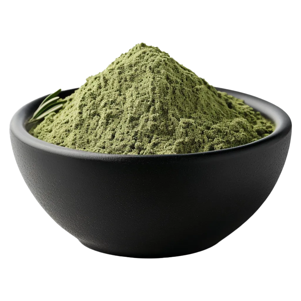 Grünes Pulver in einer schwarzen Schüssel mit Rosmarin.