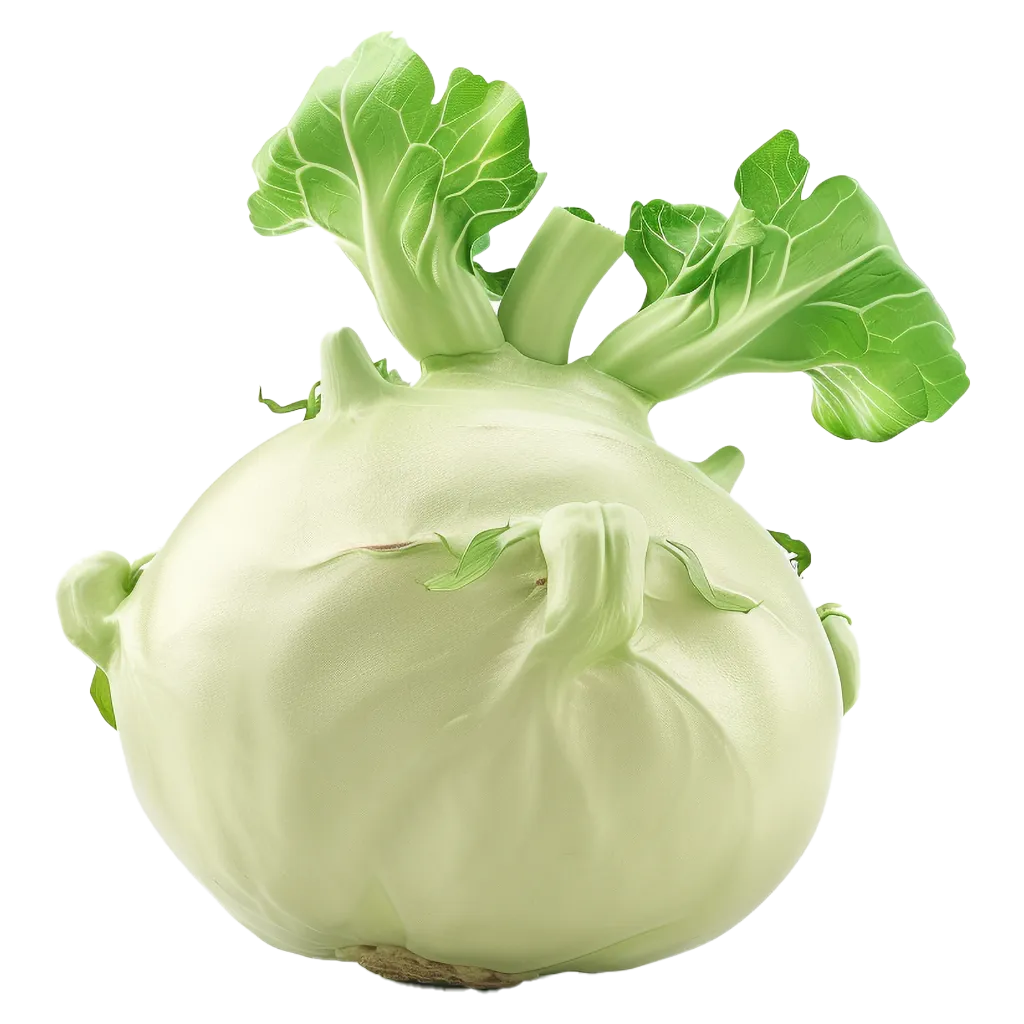 Ein heller Kohlrabi mit grünen Blättern.