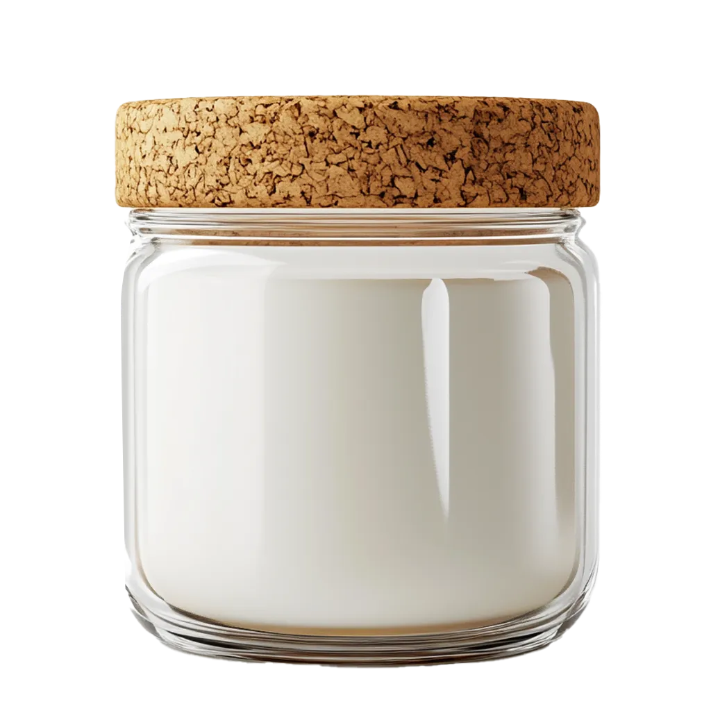 Ein Glas mit weißer Flüssigkeit und Korken.