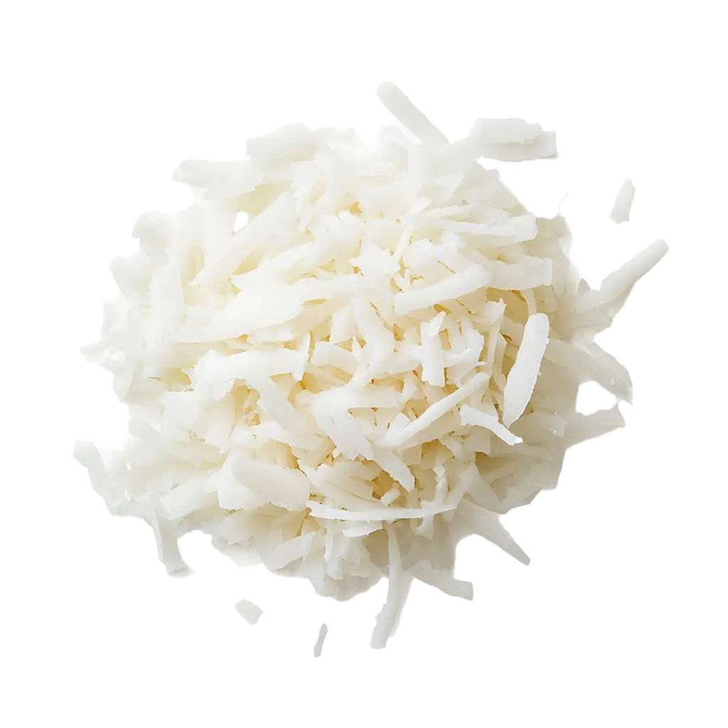 Haufen Kokosraspeln auf weißem Hintergrund.