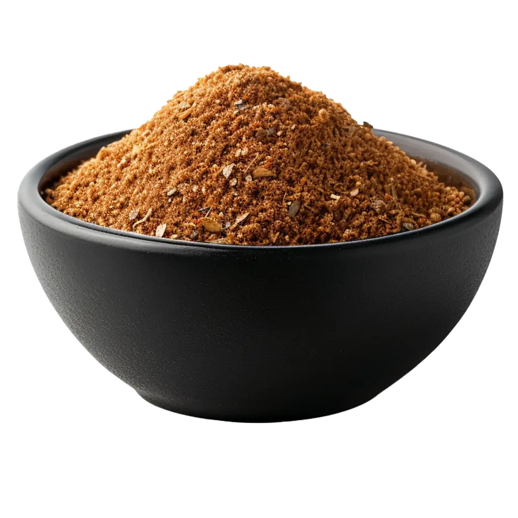 Schwarze Schale mit Gewürzpulver gefüllt.