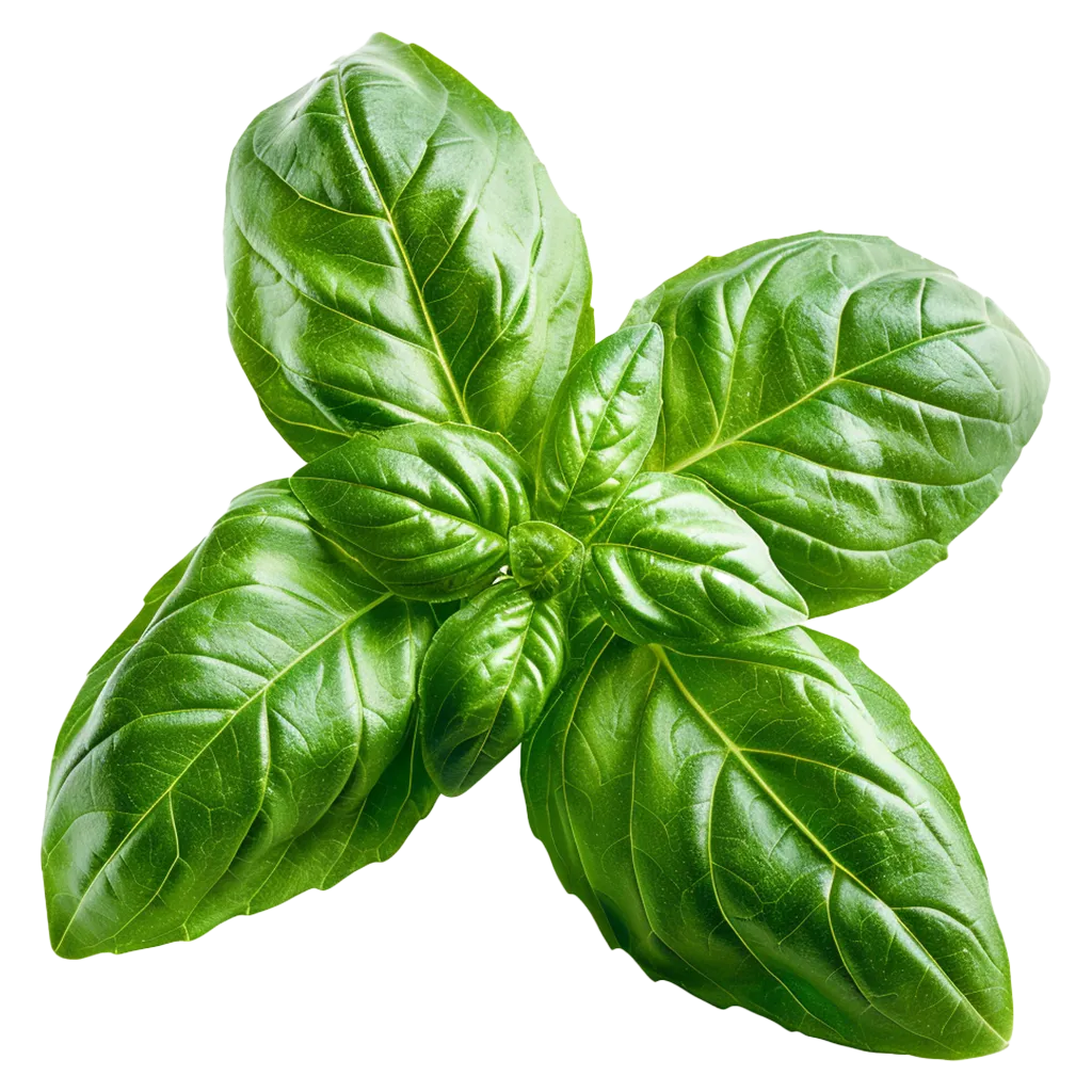 Ein grüner Basilikumzweig mit glänzenden Blättern.