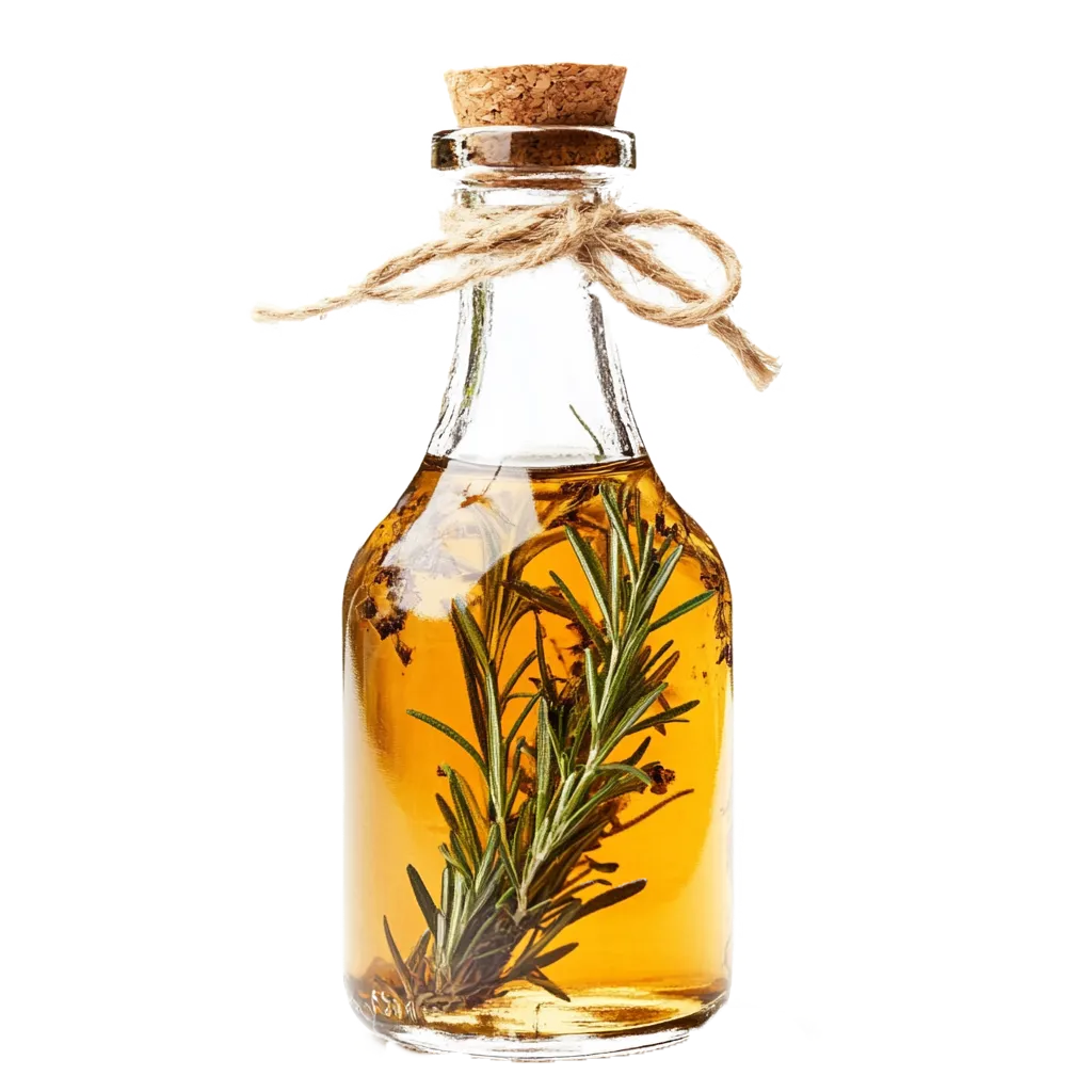 Flasche mit Öl und Rosmarin, mit Korken.