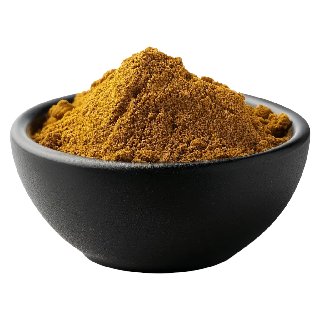 Gelbes Pulver in einer schwarzen Schüssel.