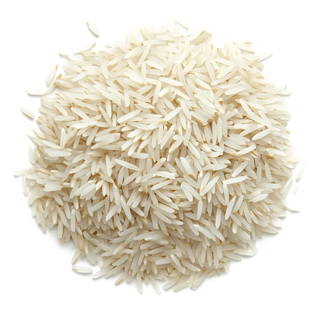 Ein Haufen langer, weißer Reiskörner.