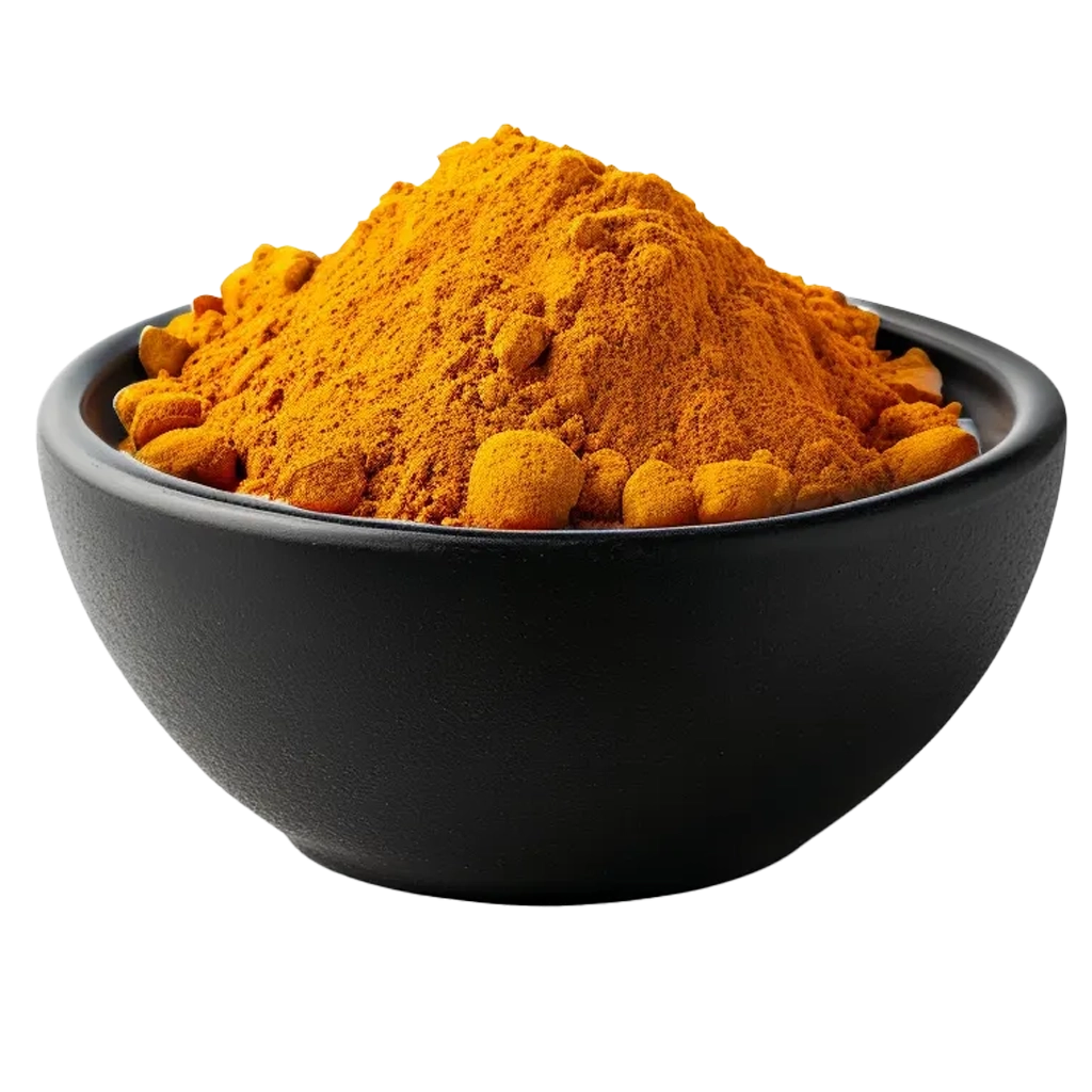 Schwarze Schale mit gelbem Kurkumapulver gefüllt.