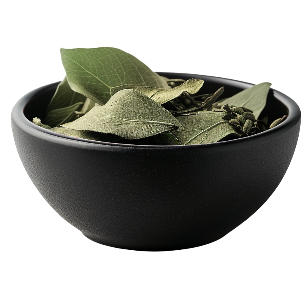 Schwarze Schale mit getrockneten Lorbeerblättern gefüllt.