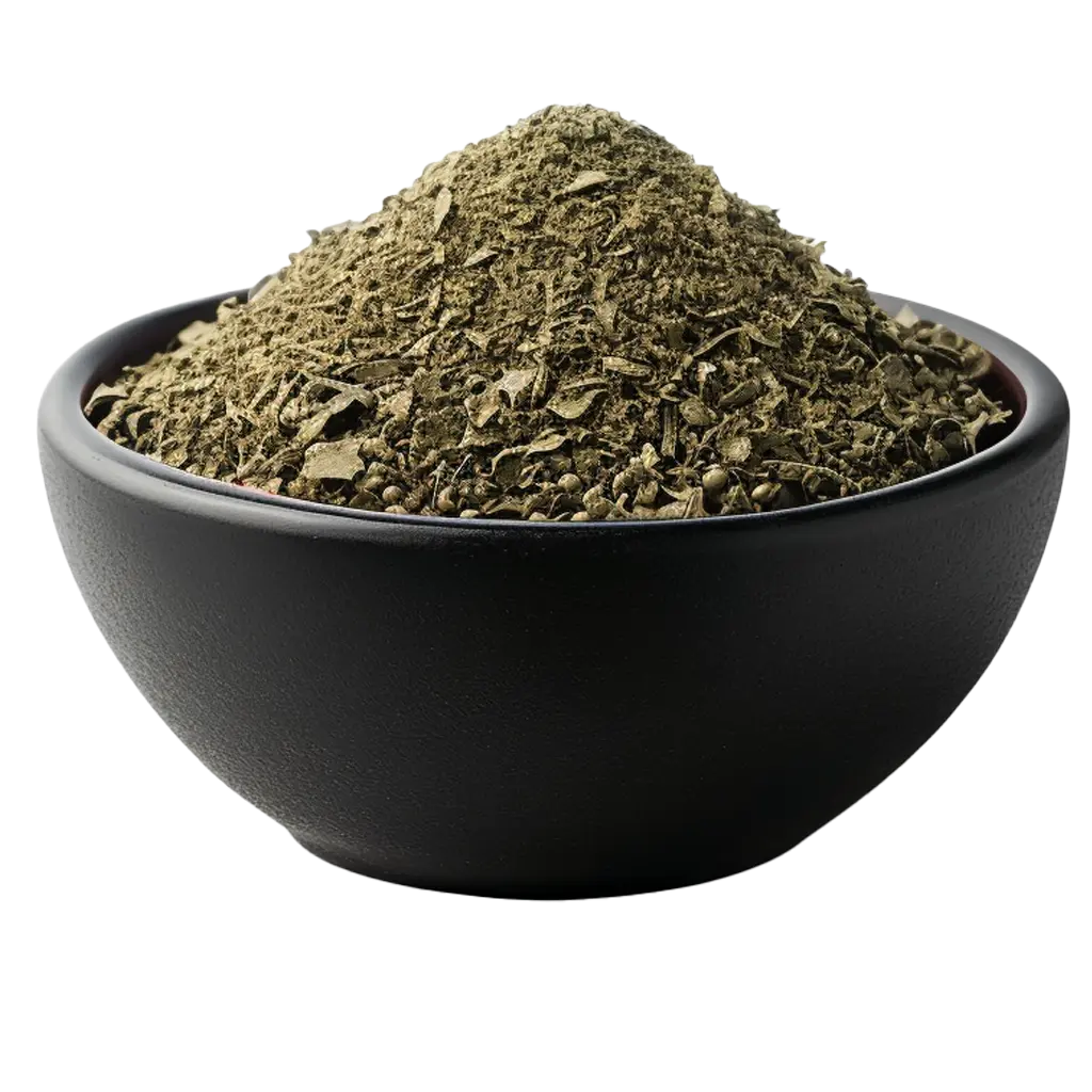 Getrocknete Kräuter in einer schwarzen Schüssel.