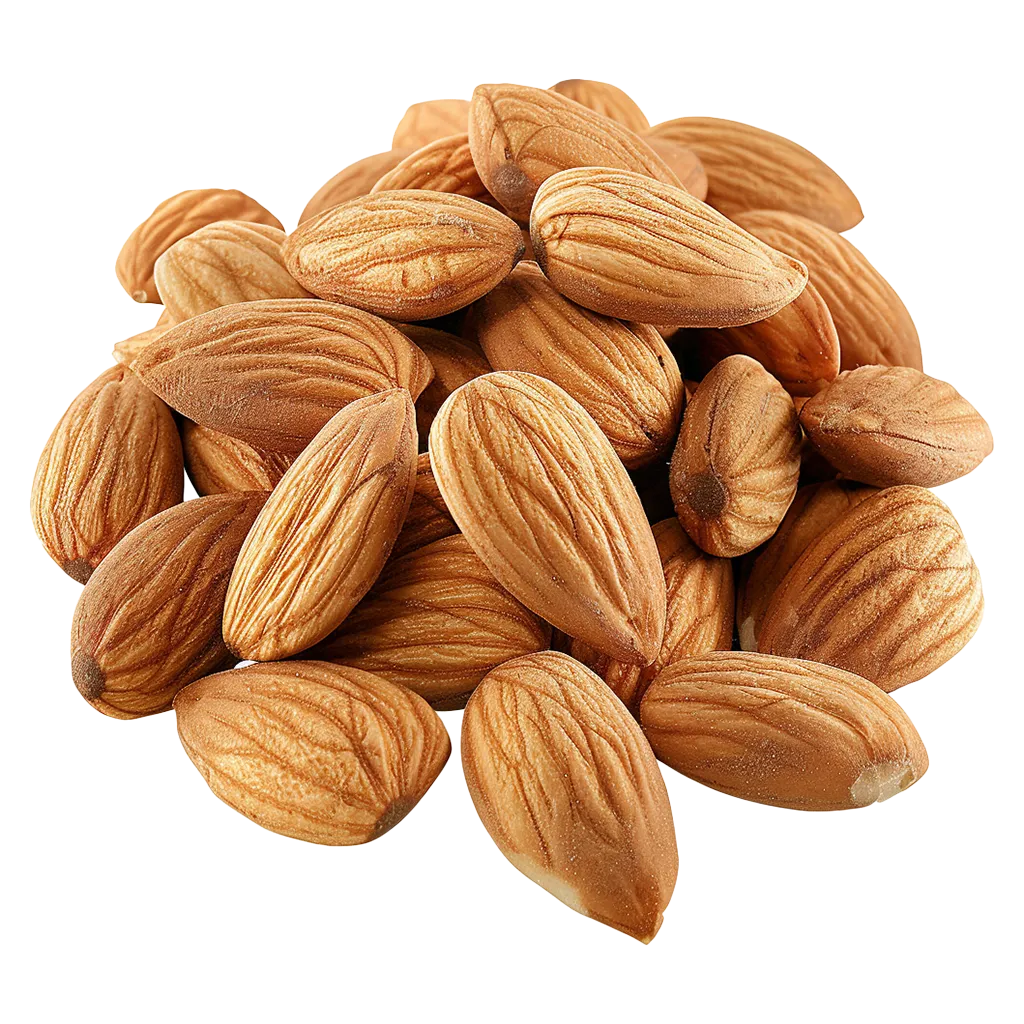 Ein Haufen Mandeln mit brauner Haut.