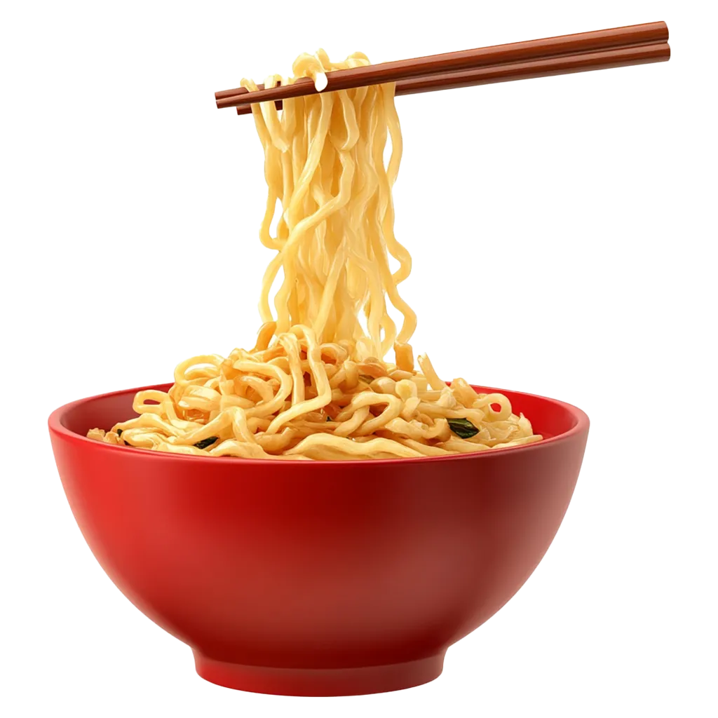 Nudeln werden mit Stäbchen aus roter Schüssel gehoben.