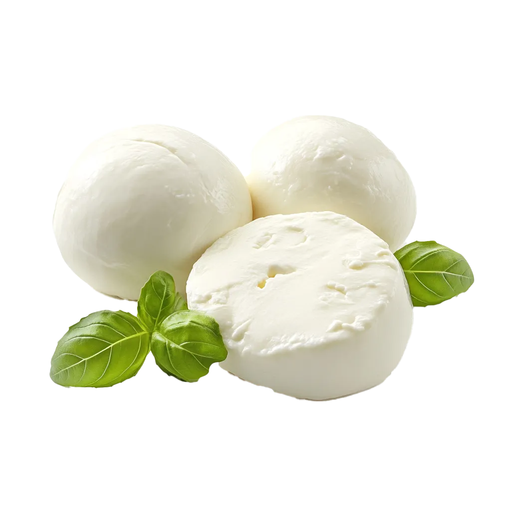 Drei Kugeln Mozzarella mit Basilikum.