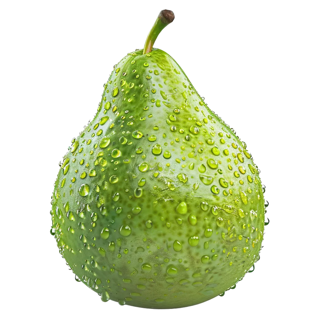 Grüne Birne mit vielen Wassertropfen.