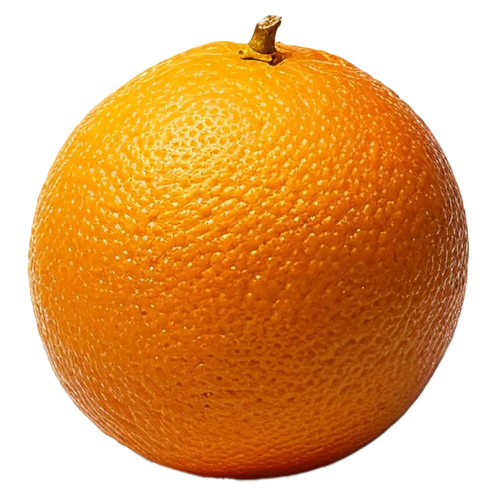 Eine ganze, orangefarbene Frucht mit Stiel.