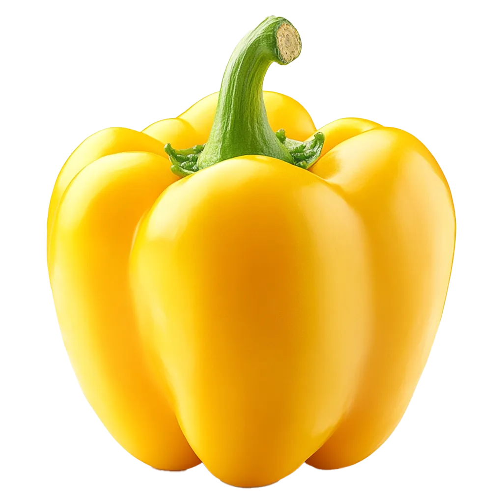 Eine leuchtend gelbe Paprika mit grünem Stiel.