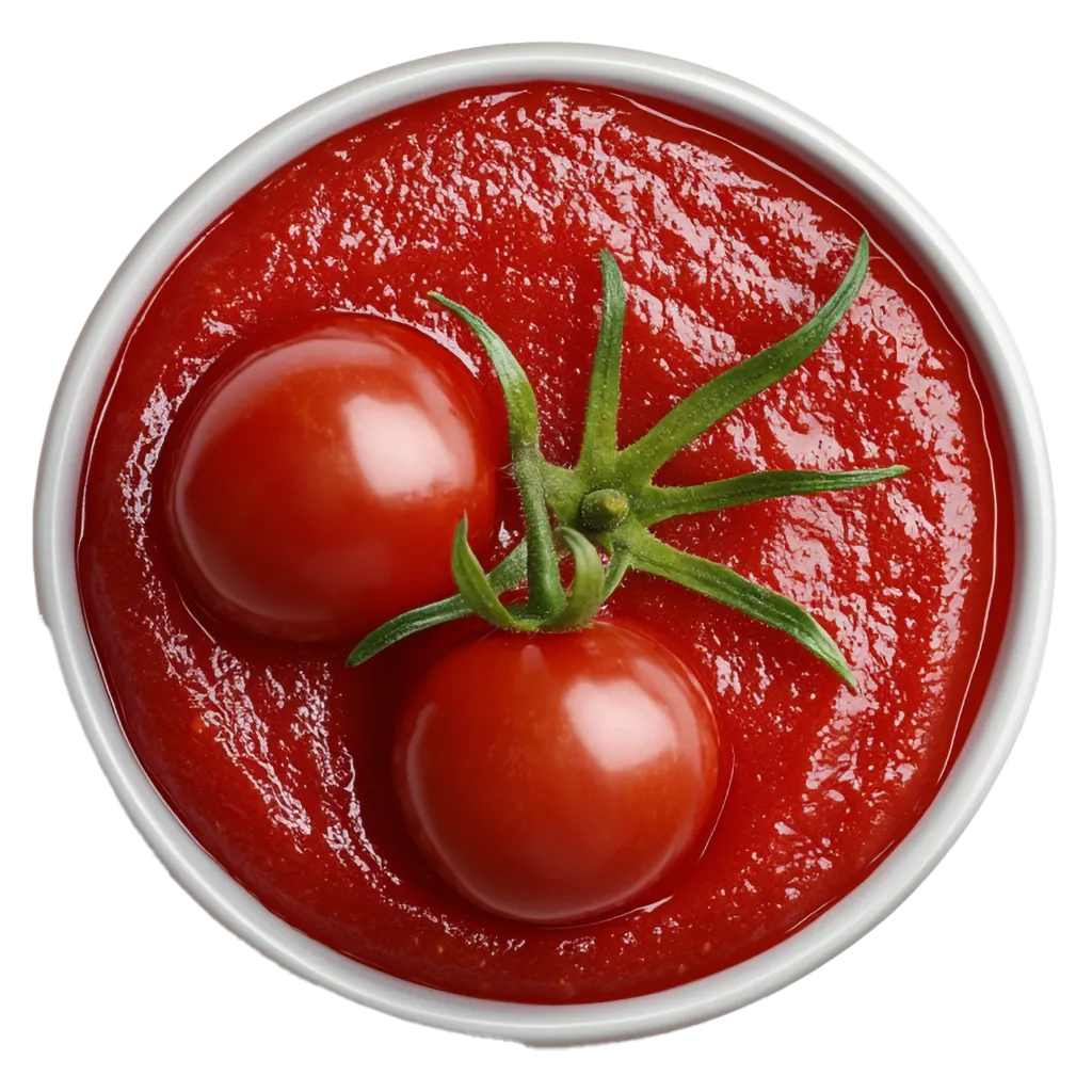 Zwei Tomaten in Tomatenmark in einer Schüssel.