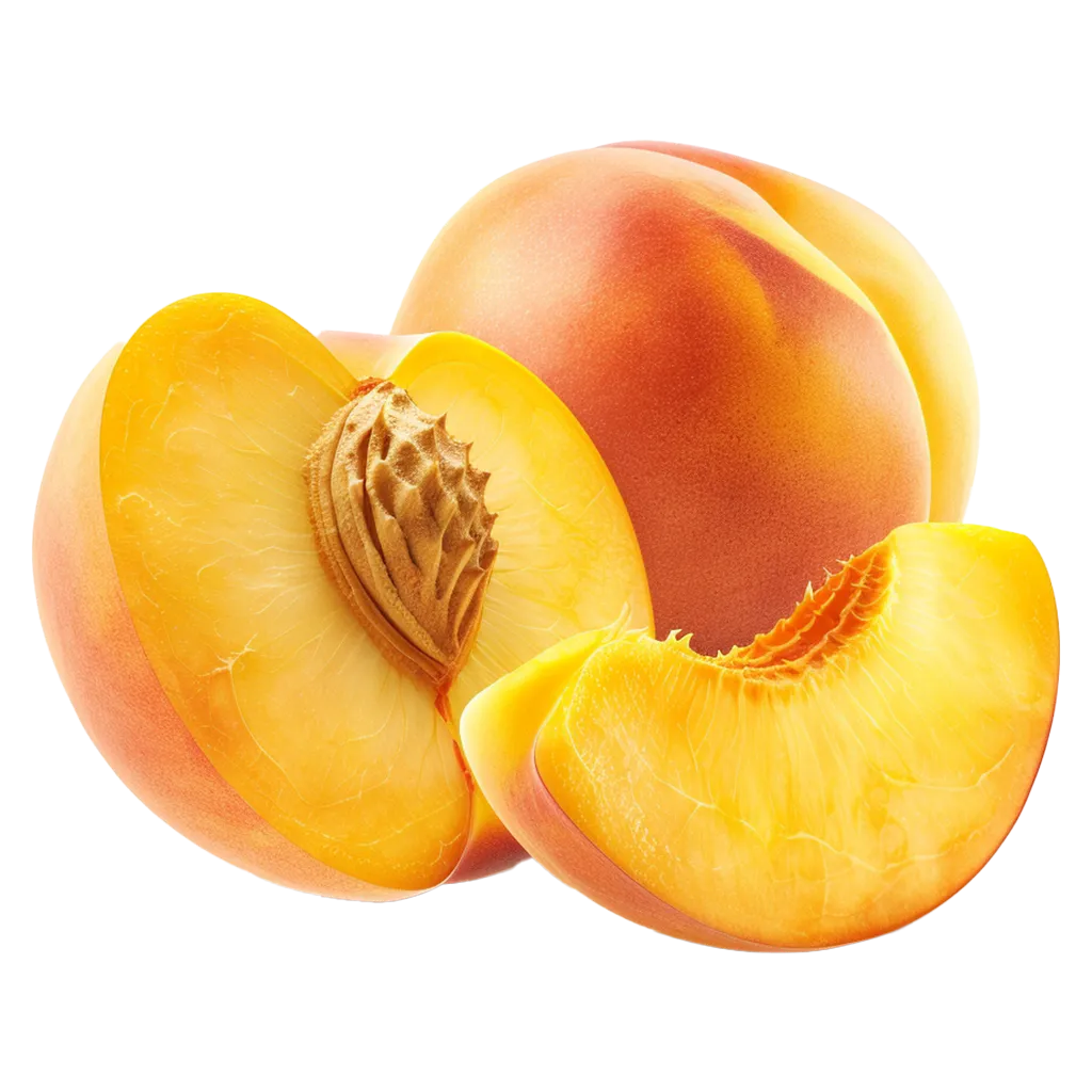 Ein Pfirsich, halbiert und in Scheiben geschnitten.