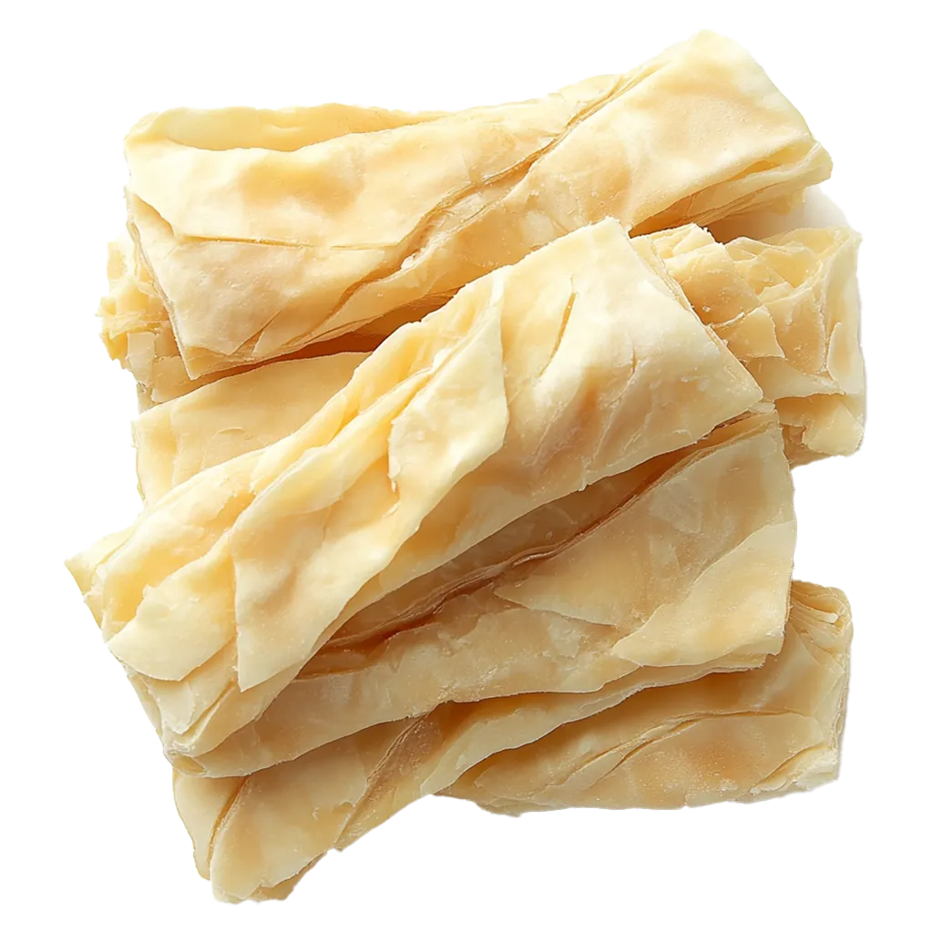 Stapel von dünnen, gelben Teigblättern.