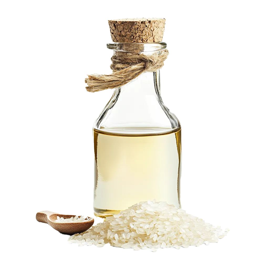 Flasche mit Reisöl und Reis auf Löffel