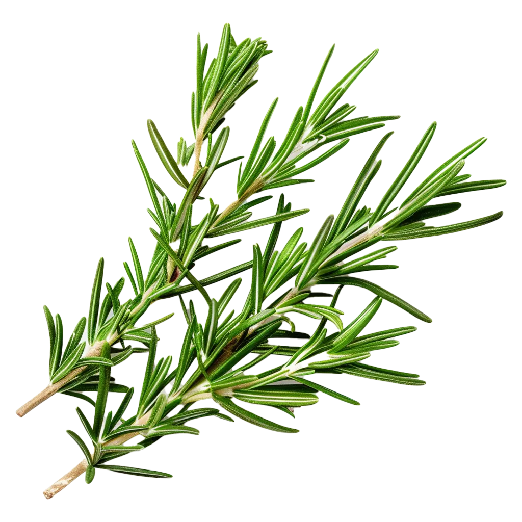 Zwei Zweige frischen Rosmarins auf schwarzem Hintergrund.