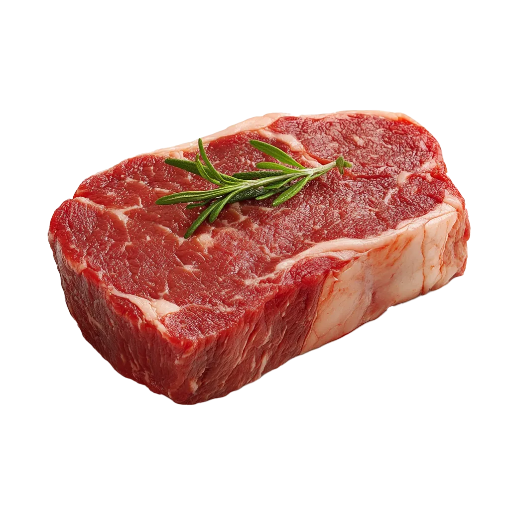 Rohes Steak mit Rosmarinzweig auf schwarzem Hintergrund.