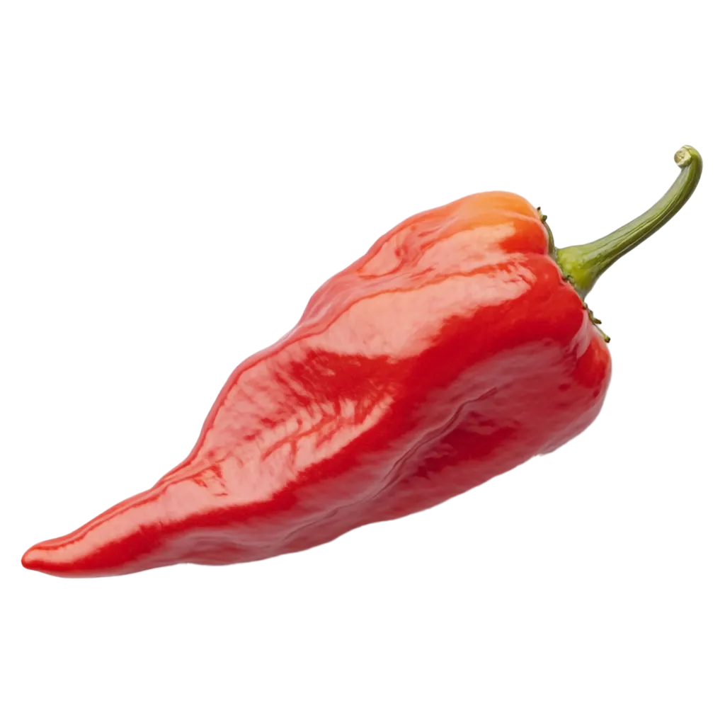 Eine rote Chilischote mit grünem Stiel.
