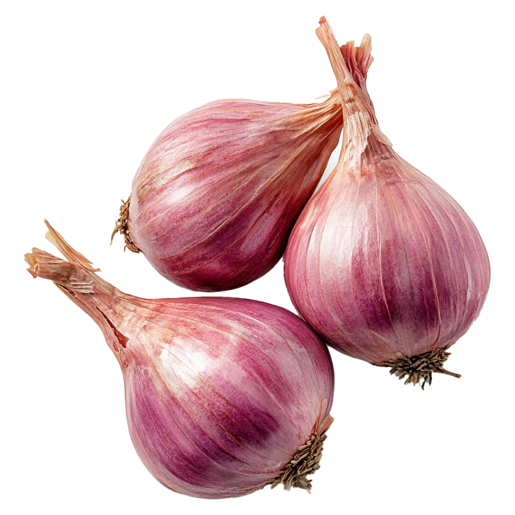 Drei rote Zwiebeln liegen auf schwarzem Hintergrund.