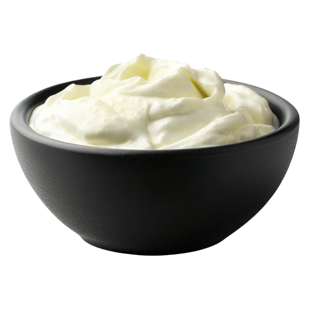 Cremiger Joghurt in einer schwarzen Schüssel.