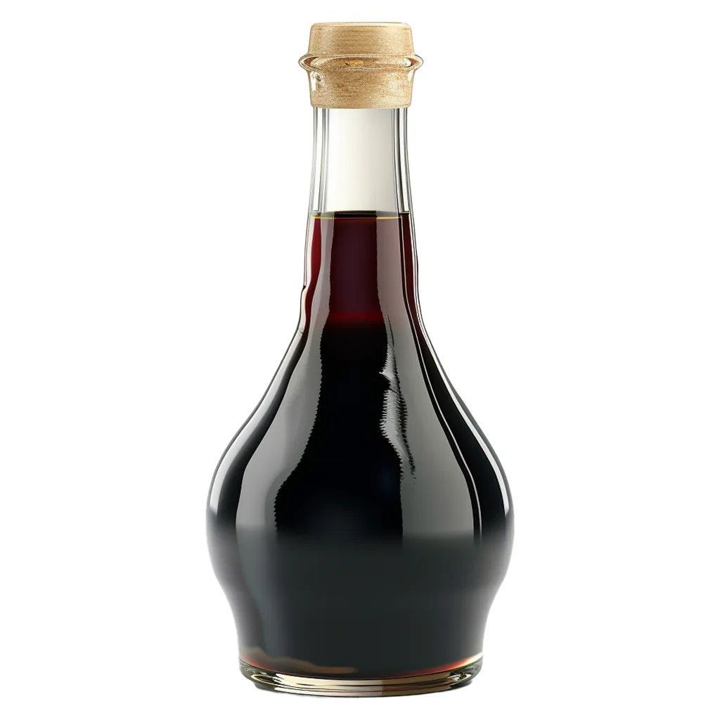 Dunkle Flüssigkeit in einer Glasflasche mit Korken.