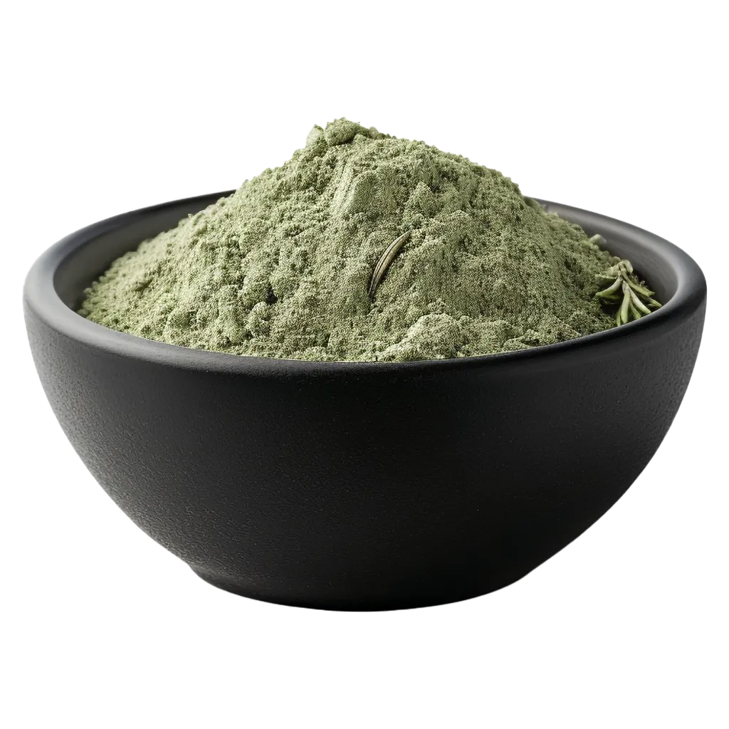 Grünes Pulver mit Rosmarinzweig in schwarzer Schale